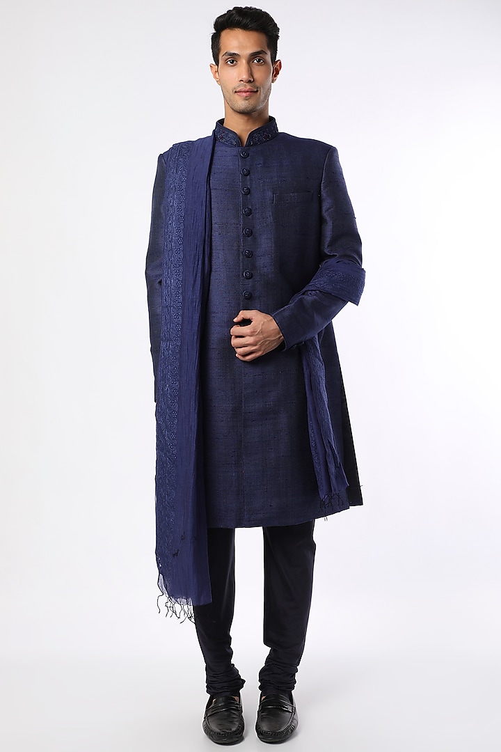 Royal Blue Matka Silk Sherwani Set by Vanshik