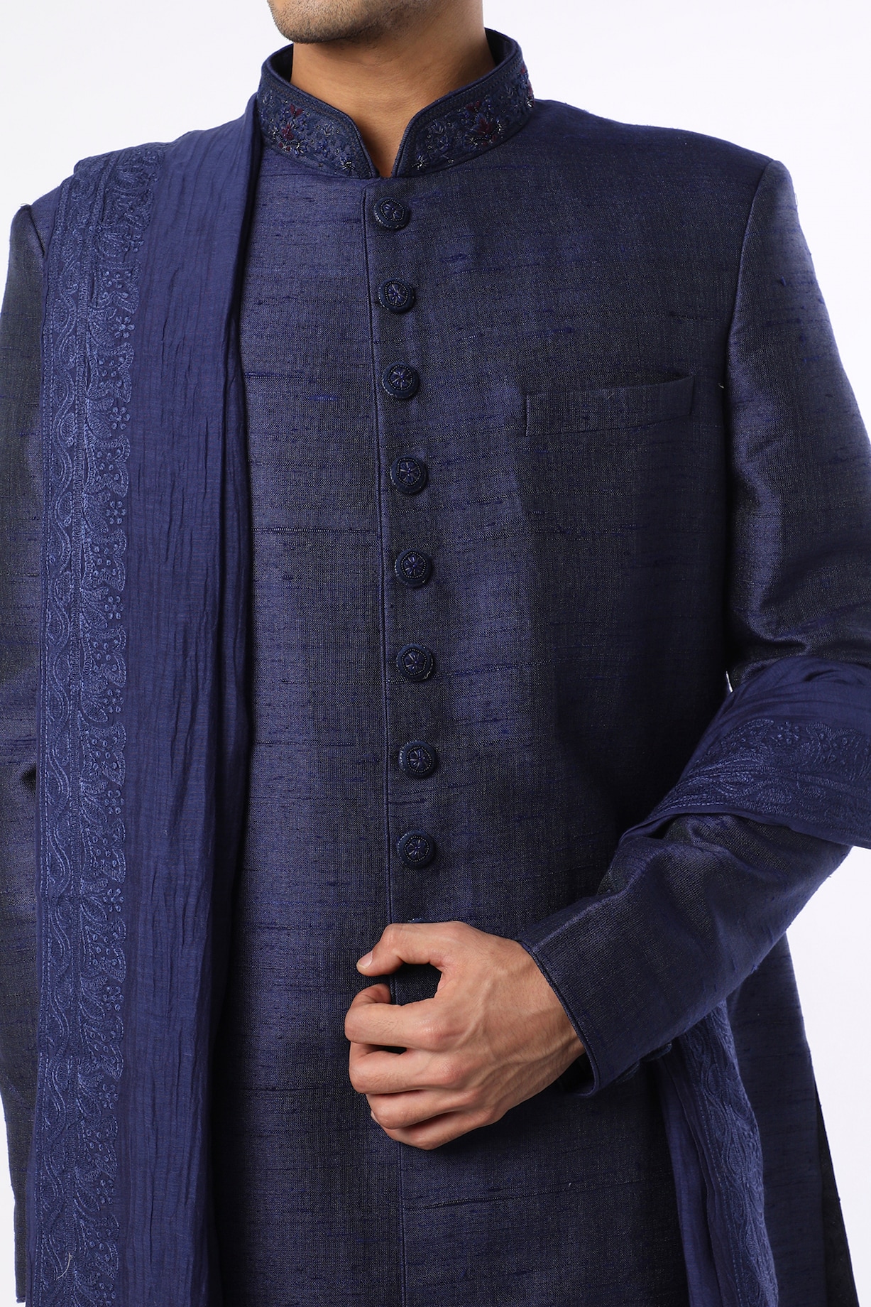 Royal Blue Matka Silk Sherwani Set by Vanshik