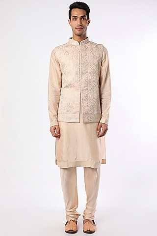 Peach Silk Kurta Set With Nehru Jacket by Vanshik