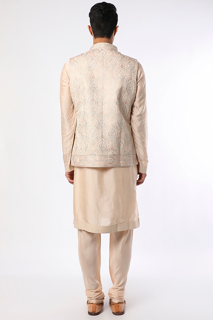 Peach Silk Kurta Set With Nehru Jacket by Vanshik at Pernia's Pop Up Shop