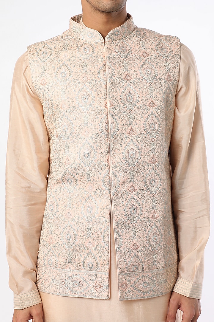 Peach Silk Kurta Set With Nehru Jacket by Vanshik at Pernia's Pop Up Shop