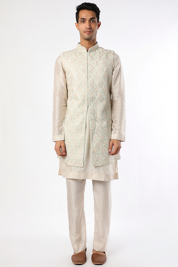 Ivory Silk Kurta Set With Nehru Jacket by Vanshik