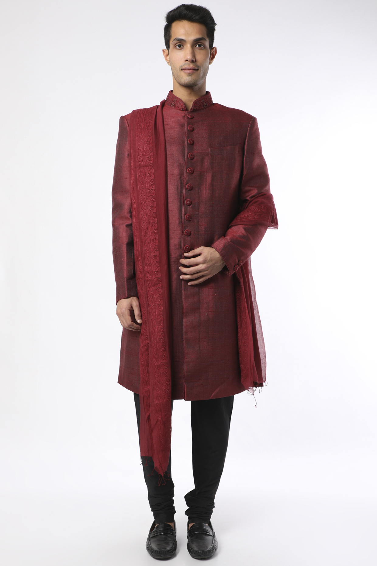 Maroon Matka Silk Sherwani Set With Dupatta by Vanshik