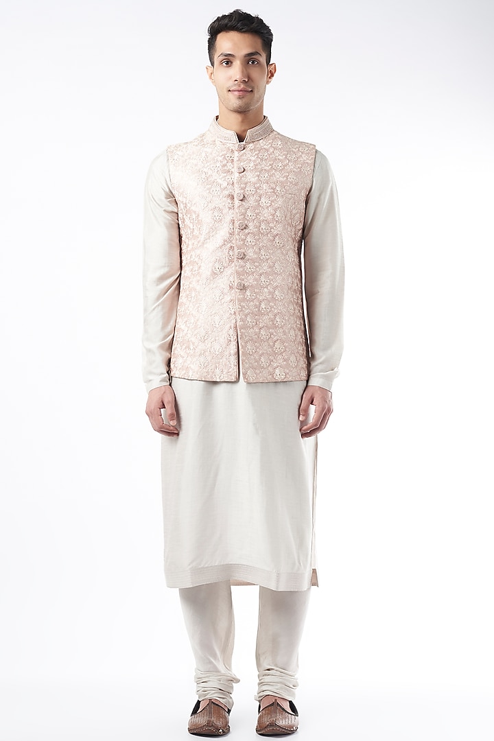 Blush Pink Silk Nehru Jacket Set by Vanshik