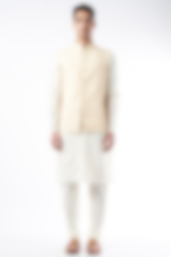 White Kurta Set With Silk Bundi Jacket by Vanshik