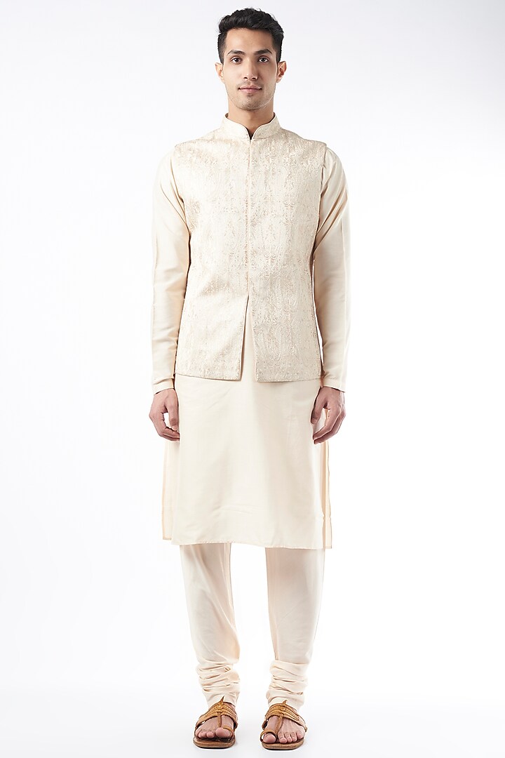 Peach Silk Nehru Jacket Set by Vanshik