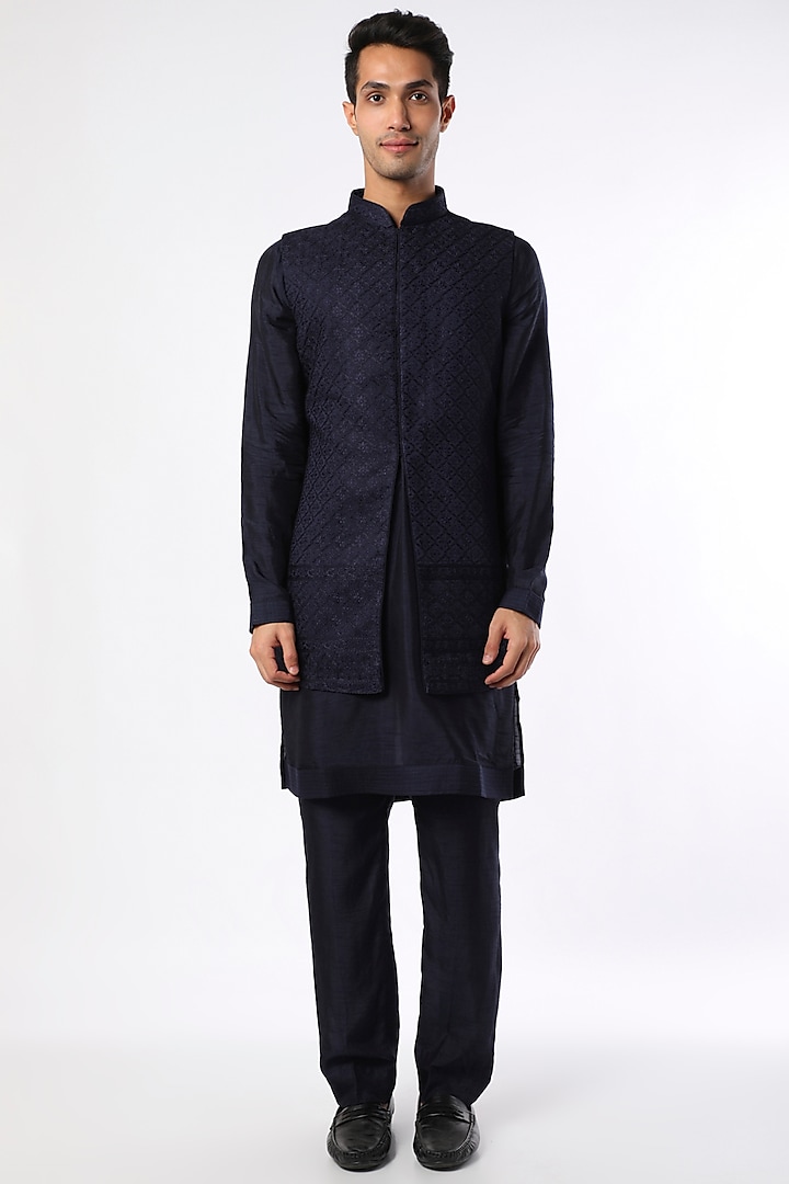 Navy Blue Lucknowi Bundi Jacket Set by Vanshik