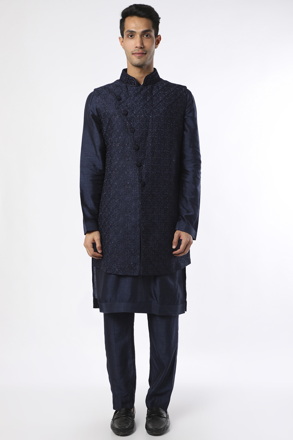 Blue Silk Resham Hand Embroidered Bundi Jacket Set by Vanshik