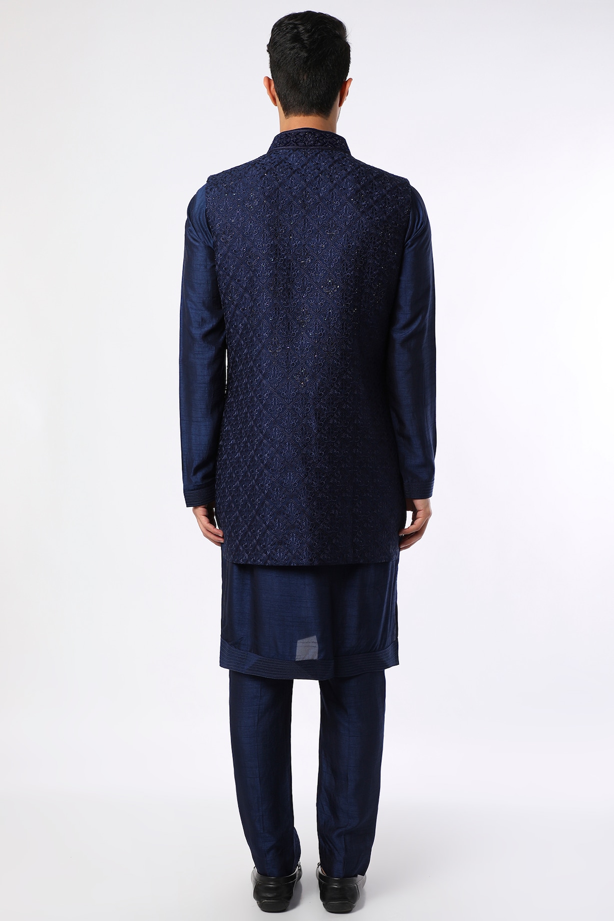 Blue Embroidered Bundi Jacket With Kurta Set by Vanshik