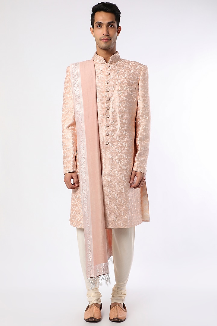Blush Pink Embroidered Sherwani Set by Vanshik
