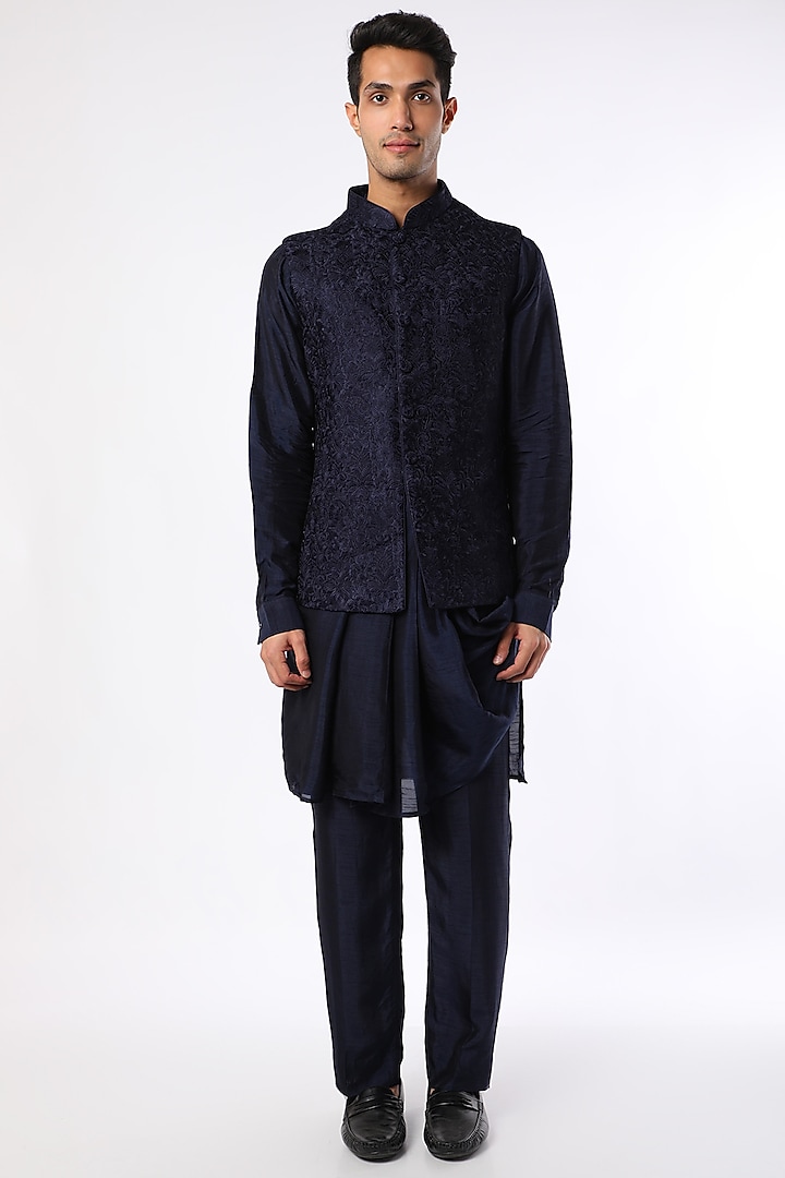 Blue Silk Embroidered Nehru Jacket With Kurta Set by Vanshik