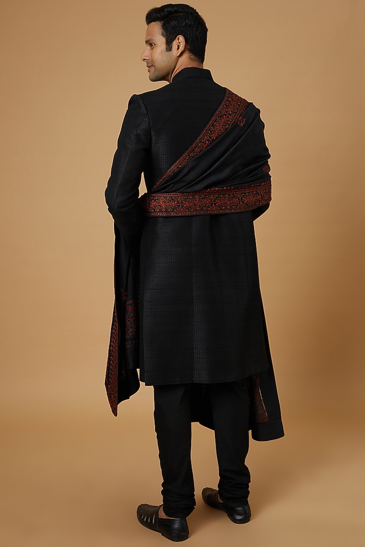 Black Raw Silk Jamewar Groom Sherwani Set by Vanshik at Pernia's Pop Up Shop