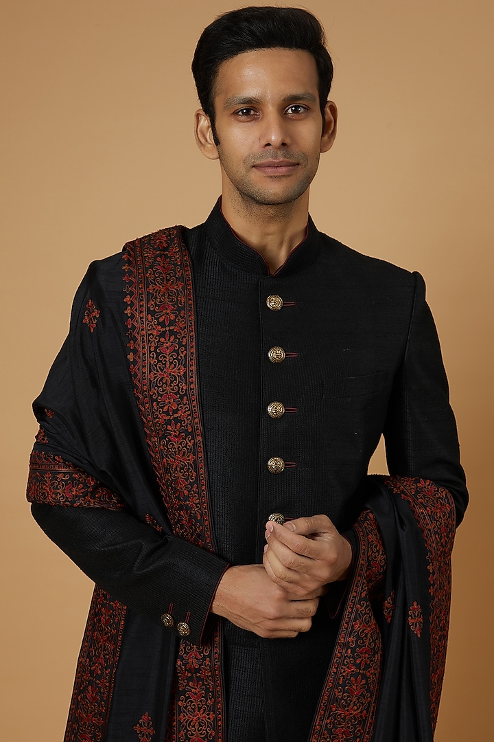 Black Raw Silk Jamewar Groom Sherwani Set by Vanshik at Pernia's Pop Up Shop