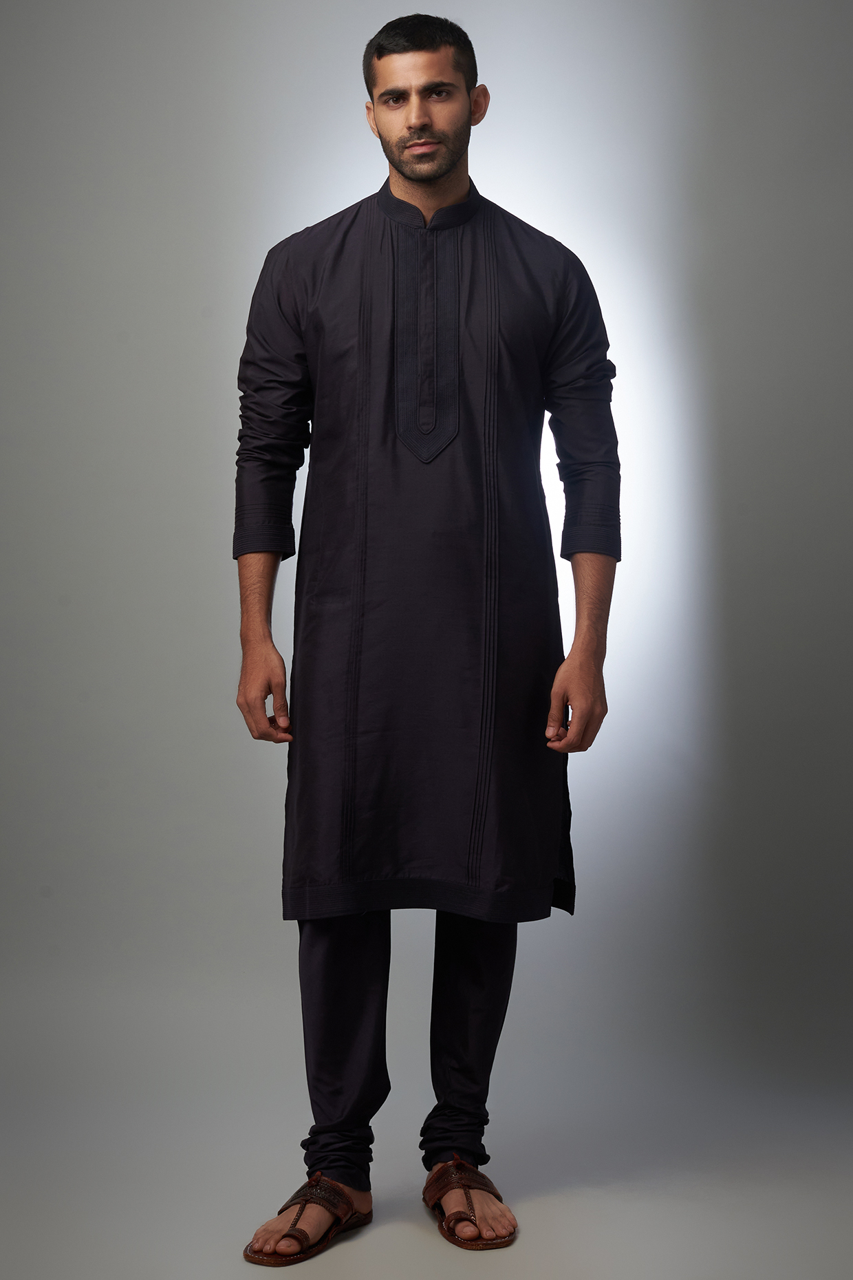 Black Dupion Silk Pintuck Kurta Set by Vanshik at Pernia's Pop Up Shop