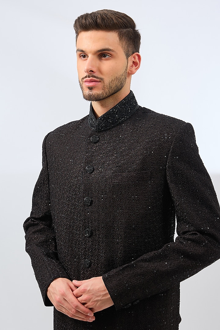 Black Silk Crystal Embroidered Jodhpuri Set by Vanshik at Pernia's Pop Up Shop