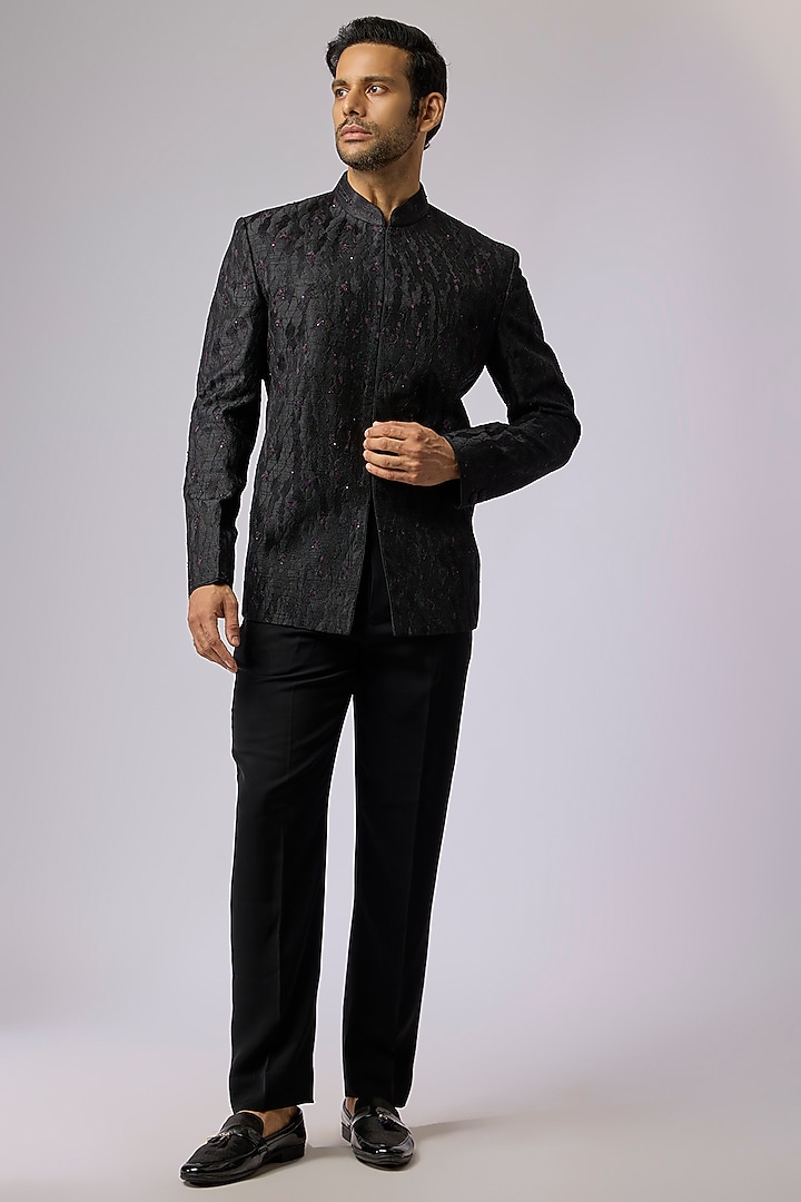 Black Silk Bandhgala Set by Vanshik