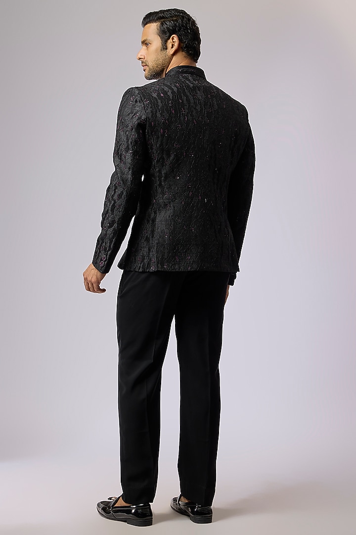 Black Silk Groom Bandhgala Set by Vanshik at Pernia's Pop Up Shop