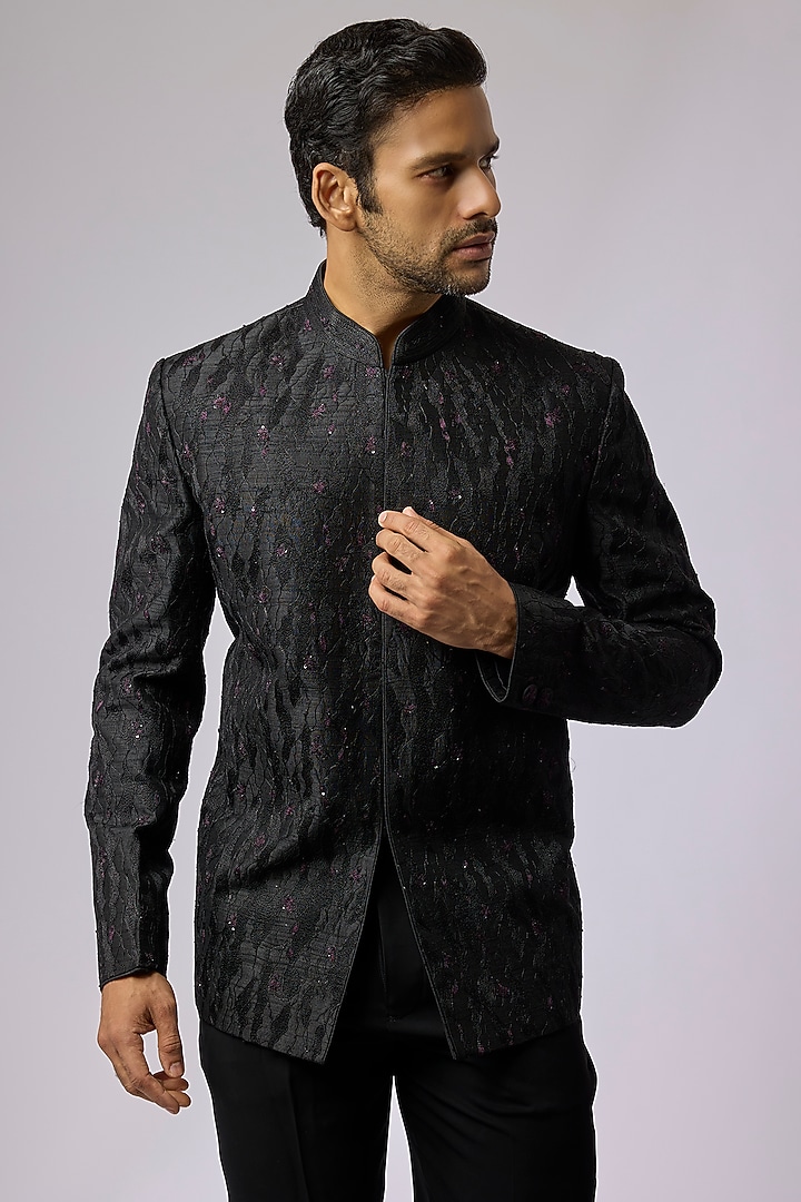 Black Silk Groom Bandhgala Set by Vanshik at Pernia's Pop Up Shop