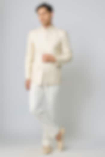 Pearl-Colored Silk Groom Bandhgala Set by Vanshik at Pernia's Pop Up Shop