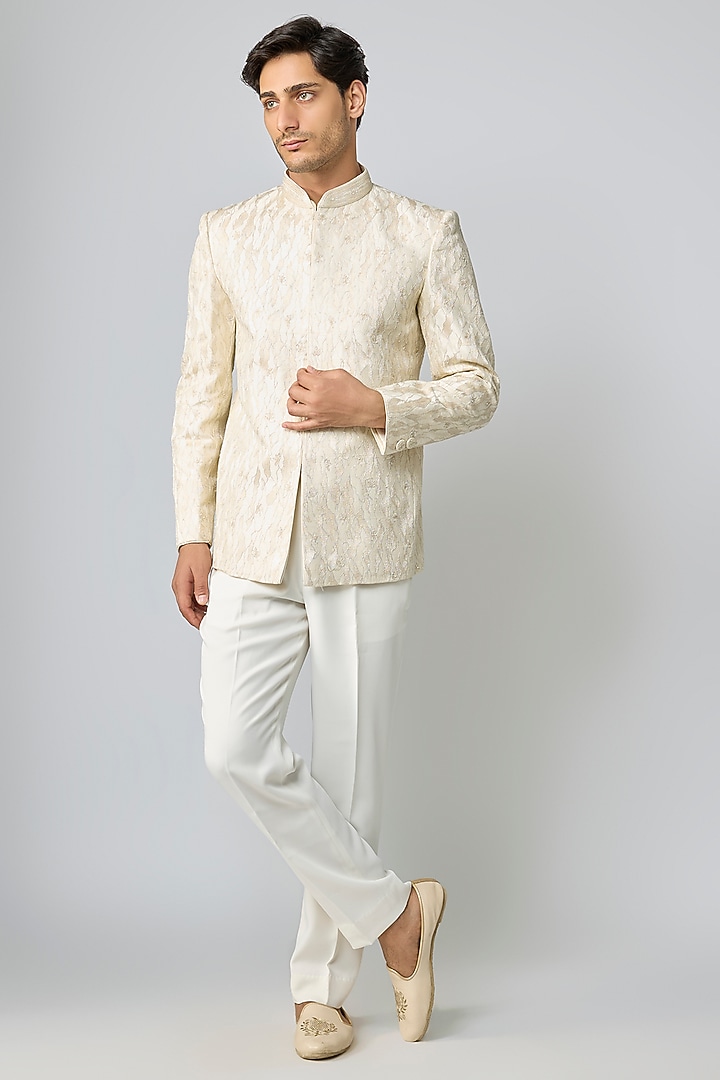 Pearl-Colored Silk Groom Bandhgala Set by Vanshik at Pernia's Pop Up Shop