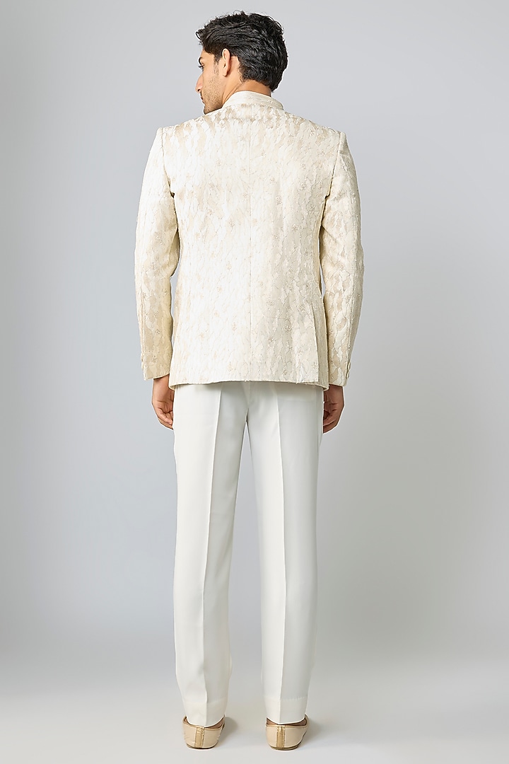 Pearl-Colored Silk Groom Bandhgala Set by Vanshik at Pernia's Pop Up Shop