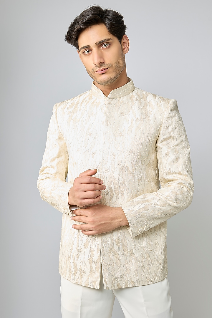 Pearl-Colored Silk Groom Bandhgala Set by Vanshik at Pernia's Pop Up Shop