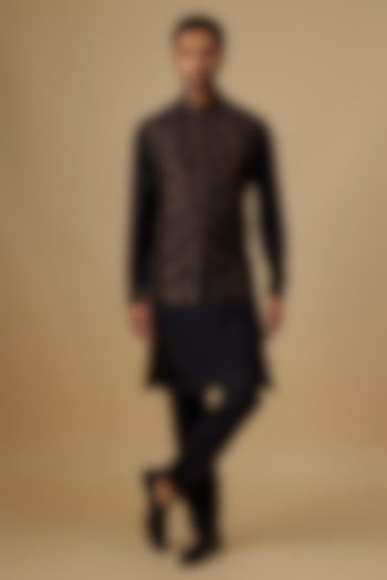 Black Silk Bundi Jacket Set by Vanshik at Pernia's Pop Up Shop