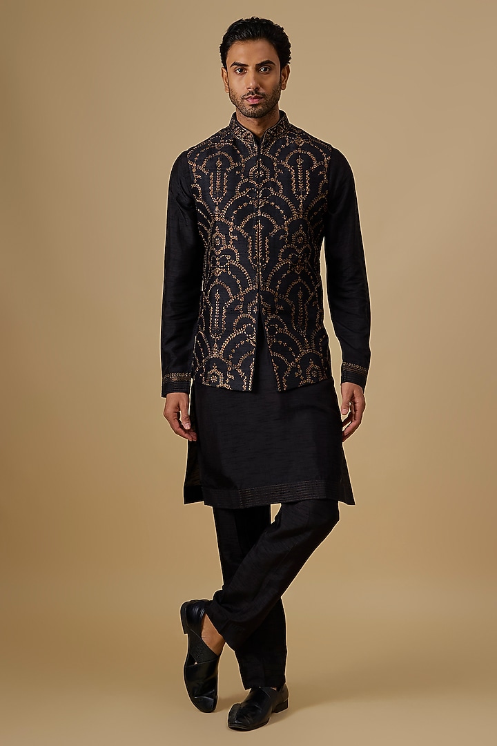 Black Silk Bundi Jacket Set by Vanshik at Pernia's Pop Up Shop