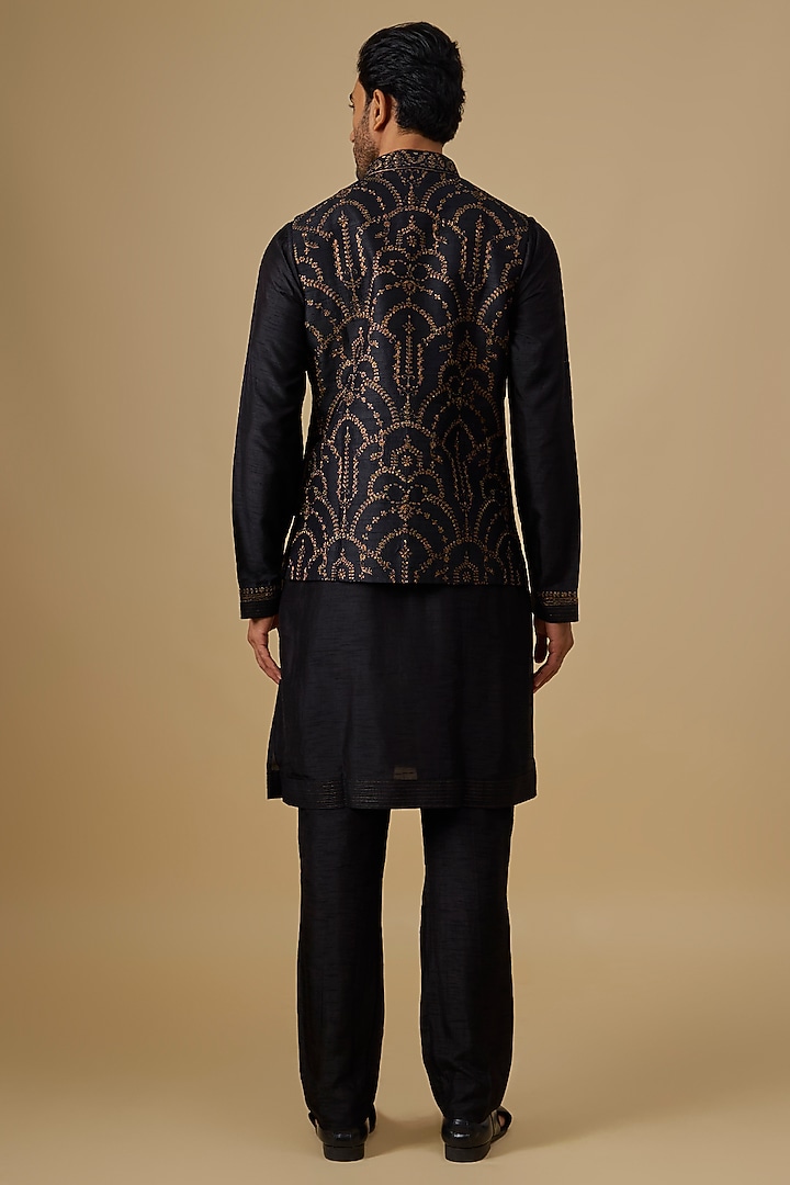 Black Silk Bundi Jacket Set by Vanshik at Pernia's Pop Up Shop