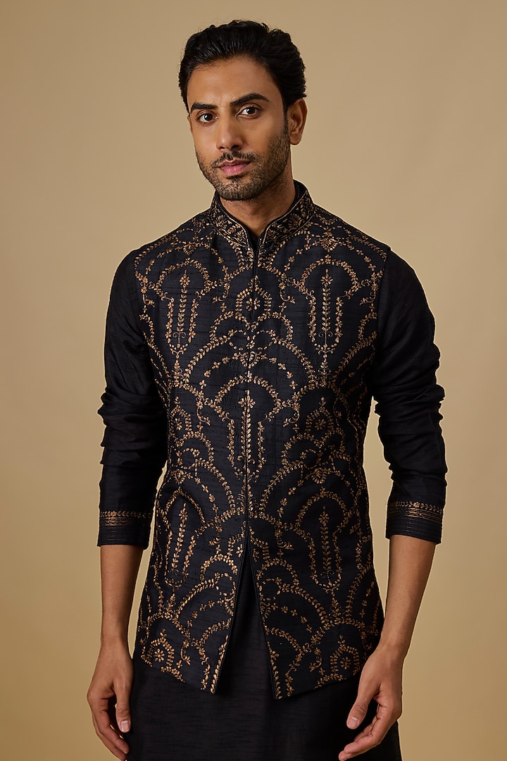 Black Silk Bundi Jacket Set by Vanshik at Pernia's Pop Up Shop