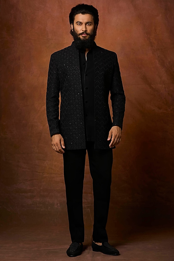Black Silk Embroidered Groom Indowestern Set by Vanshik at Pernia's Pop Up Shop