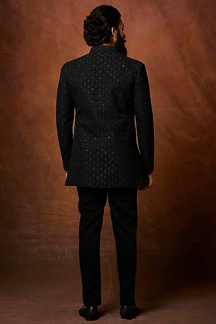 Black Silk Embroidered Groom Indowestern Set by Vanshik at Pernia's Pop Up Shop