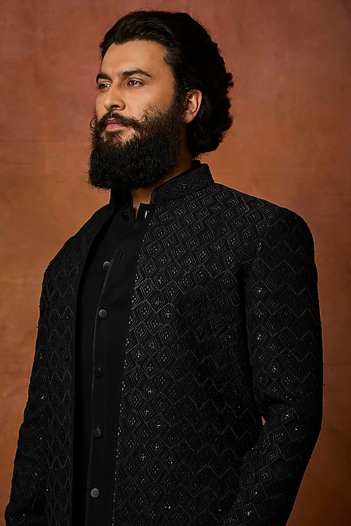 Black Silk Embroidered Groom Indowestern Set by Vanshik at Pernia's Pop Up Shop