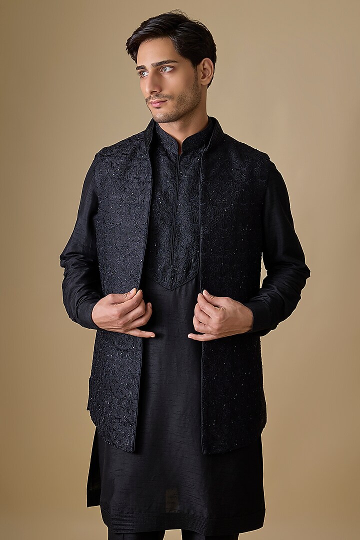 Blue Silk Indo-Western Set by Vanshik at Pernia's Pop Up Shop