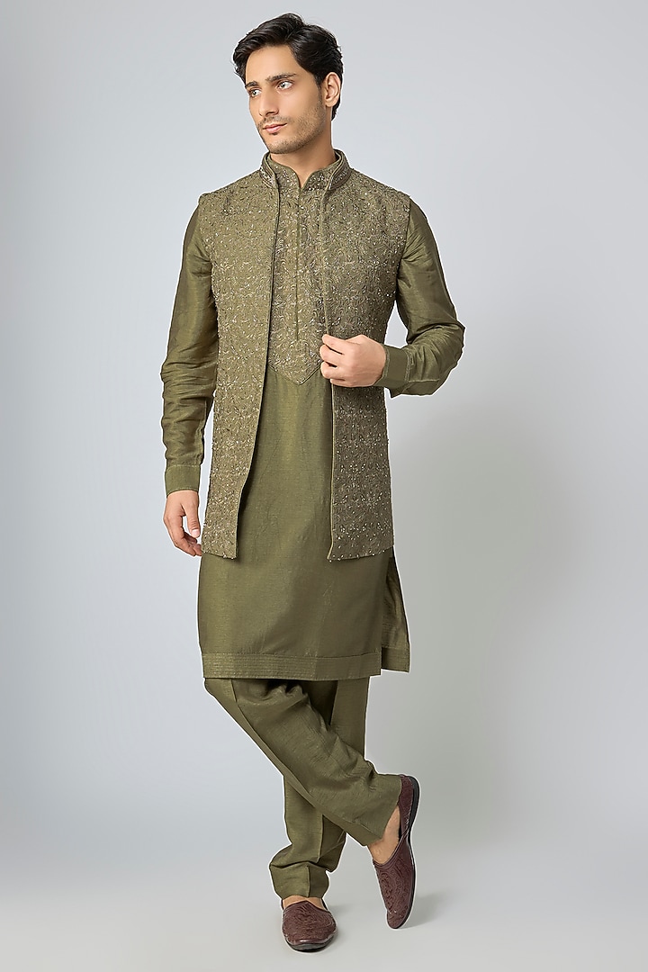 Olive Silk Wedding Indowestern Set by Vanshik at Pernia's Pop Up Shop