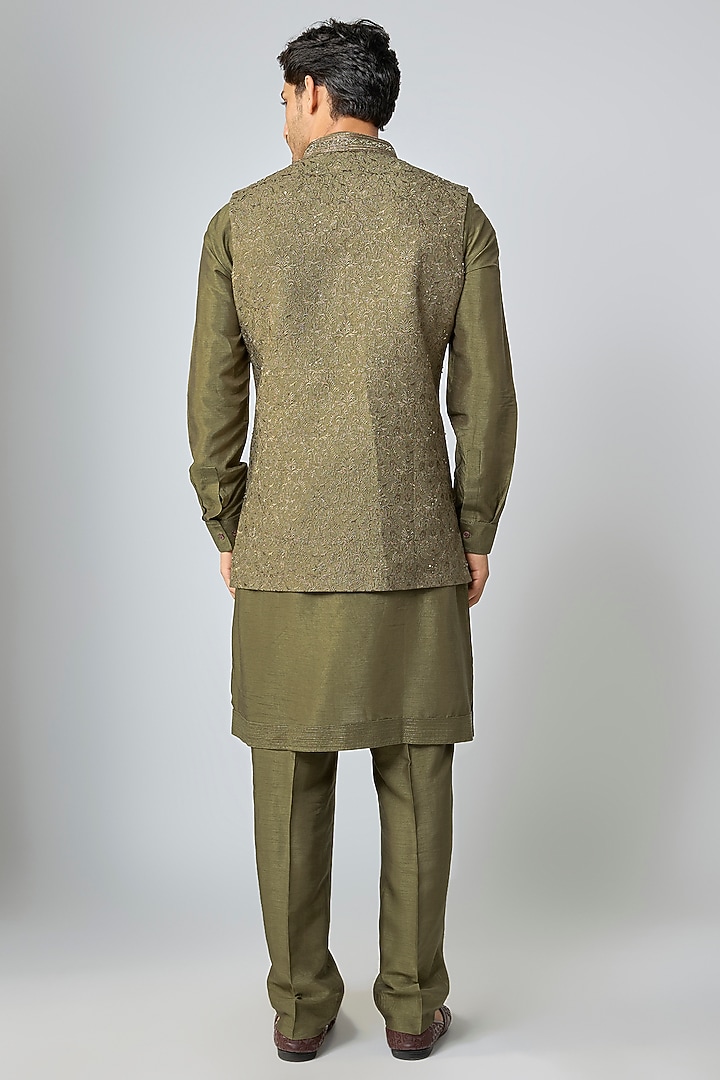 Olive Silk Wedding Indowestern Set by Vanshik at Pernia's Pop Up Shop