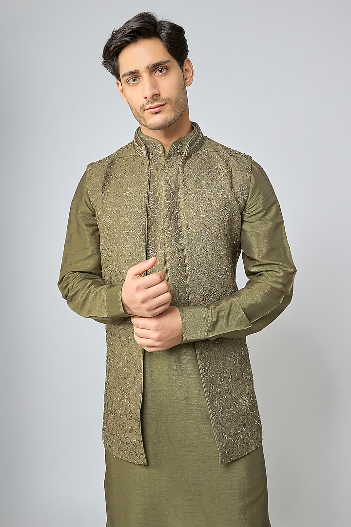 Olive Silk Wedding Indowestern Set by Vanshik at Pernia's Pop Up Shop