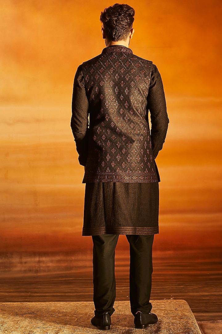 Black Silk Embroidered Nehru Jacket Set by Vanshik at Pernia's Pop Up Shop