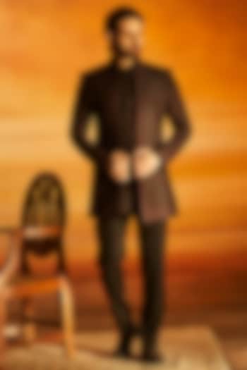 Black Raw Silk Glass Bead Embroidered Groom Indowestern Set by Vanshik at Pernia's Pop Up Shop