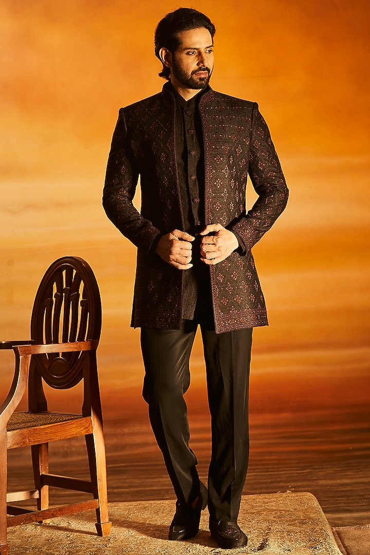Black Raw Silk Glass Bead Embroidered Groom Indowestern Set by Vanshik at Pernia's Pop Up Shop
