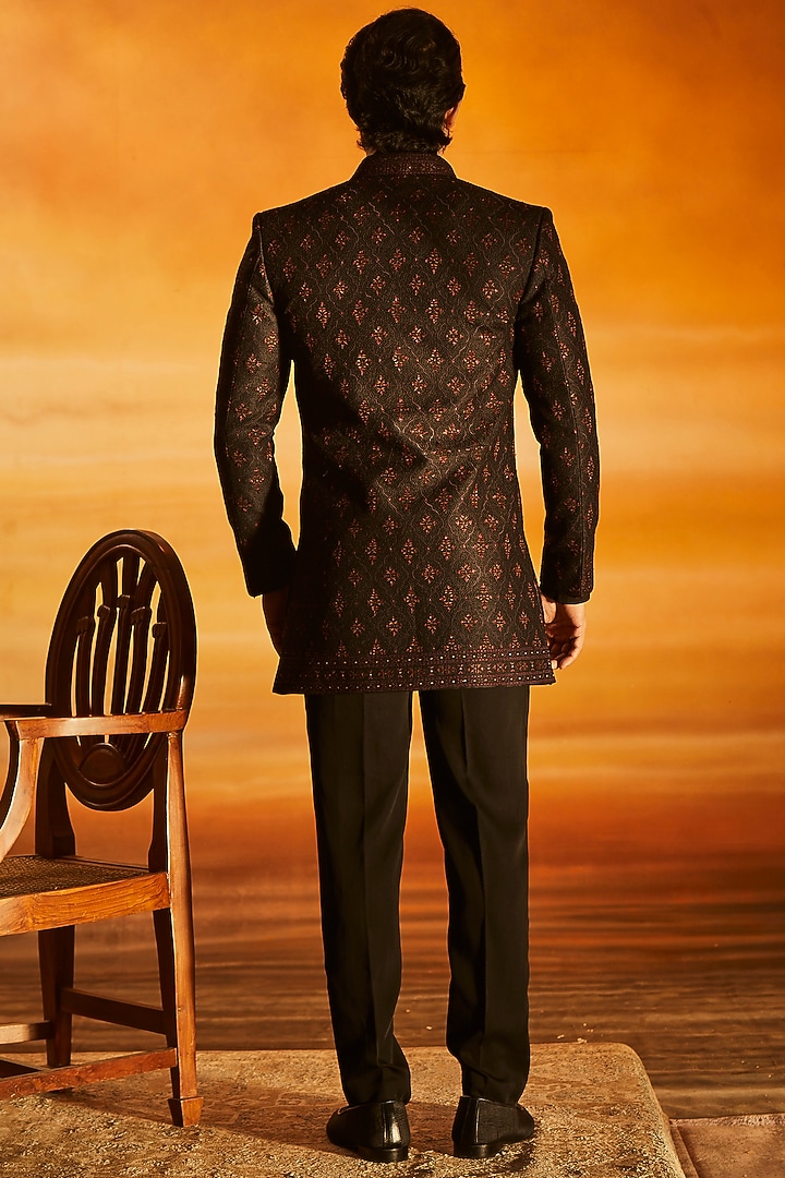 Black Raw Silk Glass Bead Embroidered Groom Indowestern Set by Vanshik at Pernia's Pop Up Shop