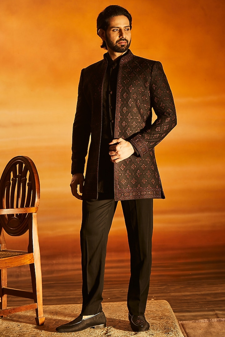 Black Raw Silk Glass Bead Embroidered Groom Indowestern Set by Vanshik at Pernia's Pop Up Shop