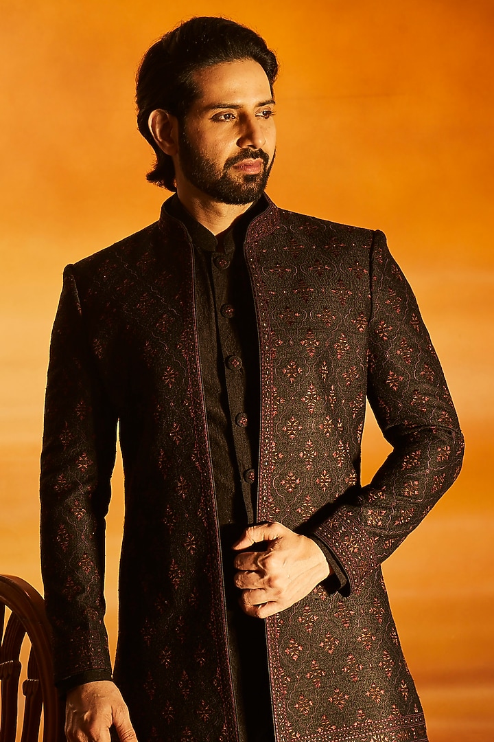 Black Raw Silk Glass Bead Embroidered Groom Indowestern Set by Vanshik at Pernia's Pop Up Shop