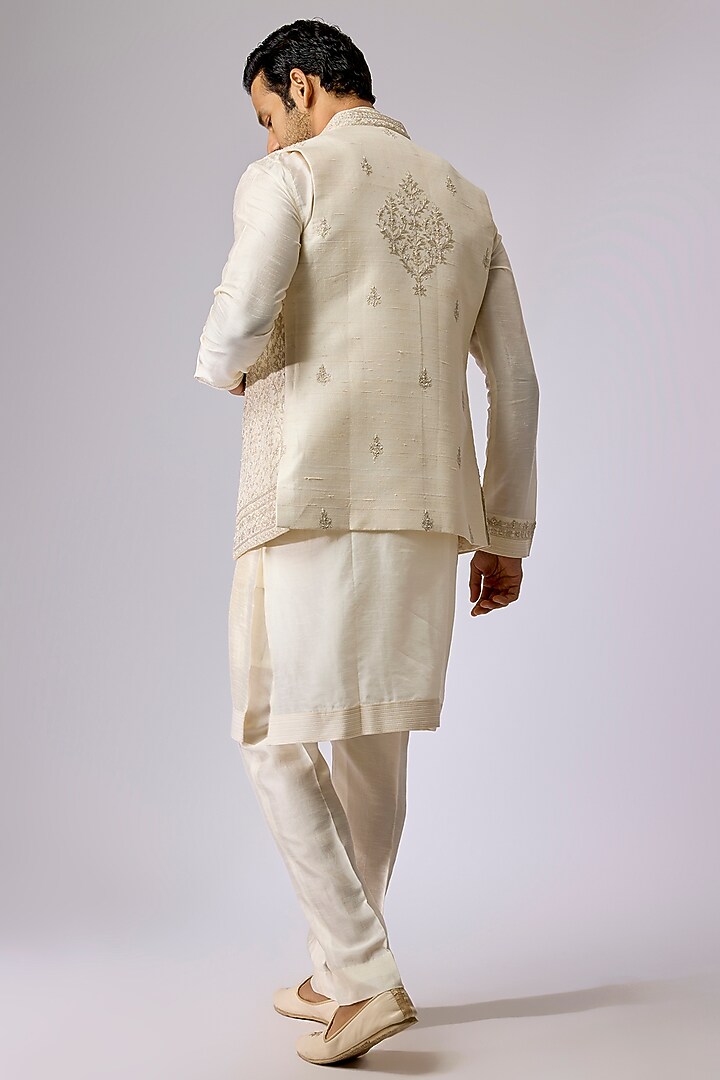 Pearl White Silk Bundi Jacket Set by Vanshik at Pernia's Pop Up Shop