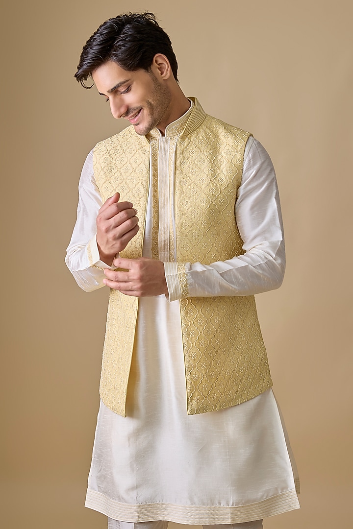 Yellow Silk Indo-Western Set by Vanshik at Pernia's Pop Up Shop