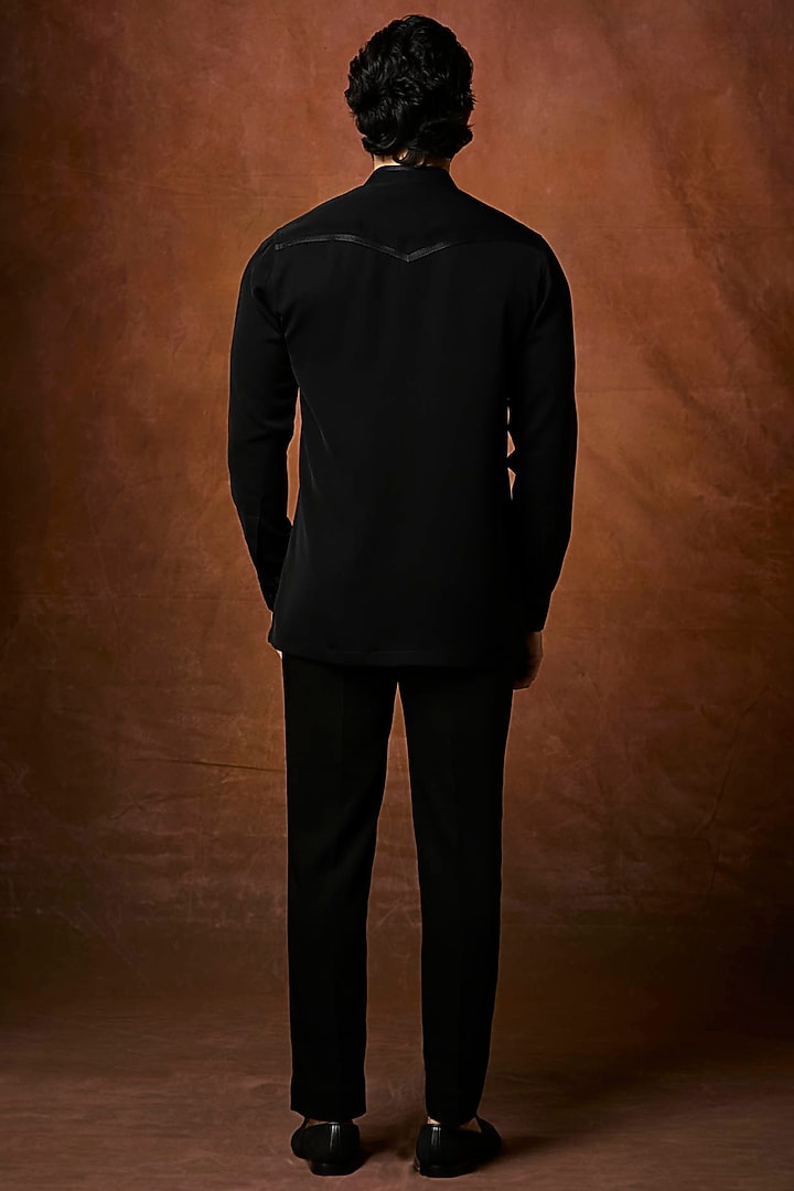 Black Silk & Viscose Satin Blend Embroidered Bundi Jacket Set by Vanshik at Pernia's Pop Up Shop