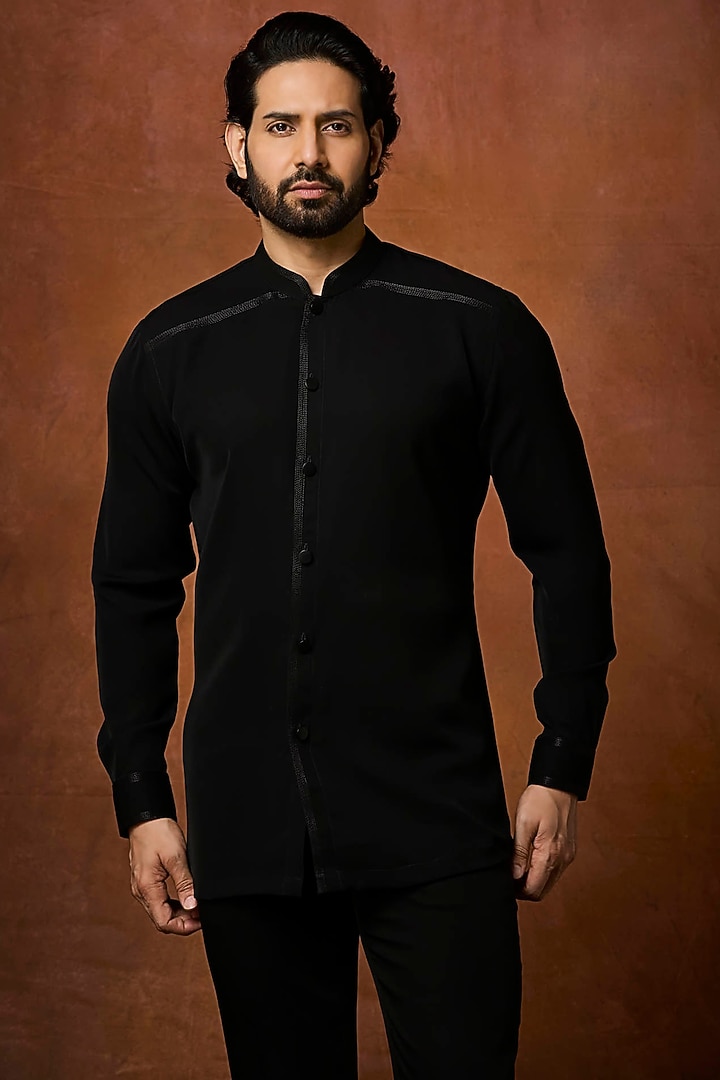 Black Silk & Viscose Satin Blend Embroidered Bundi Jacket Set by Vanshik at Pernia's Pop Up Shop