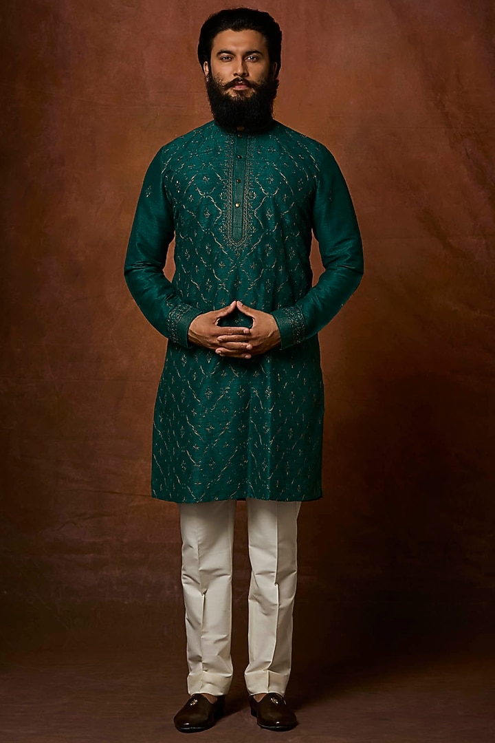 Emerald Silk Jaal Embroidered Kurta Set by Vanshik