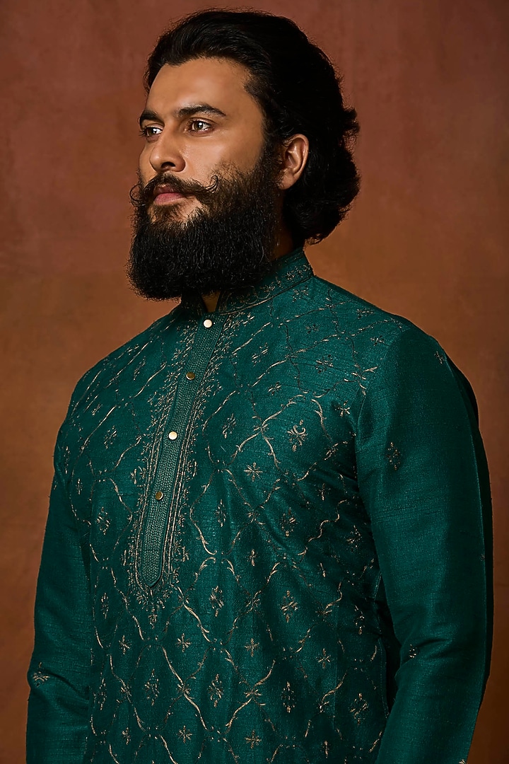 Emerald Silk Jaal Embroidered Kurta Set by Vanshik at Pernia's Pop Up Shop