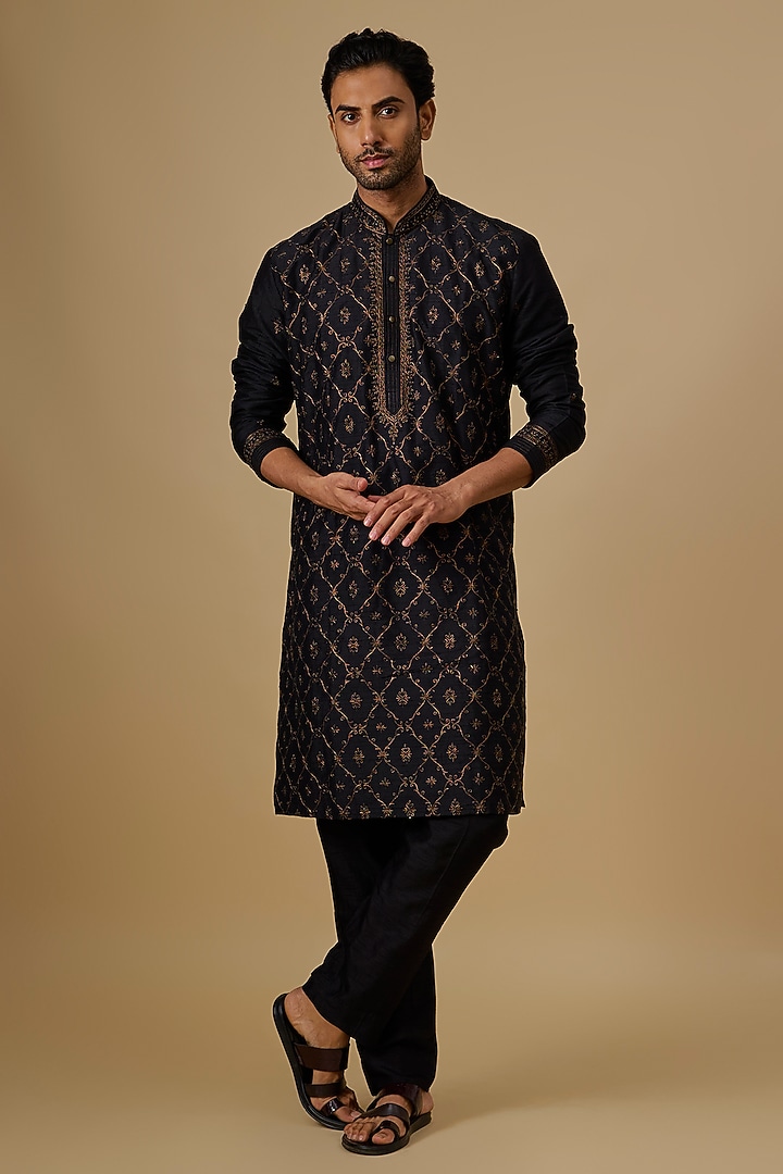 Black Silk Kurta Set by Vanshik at Pernia's Pop Up Shop